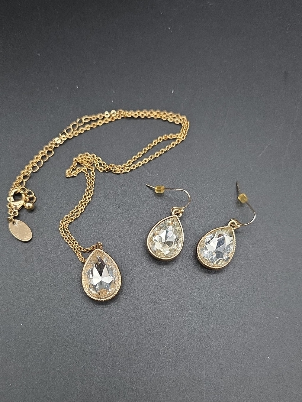 Gold Teardrop Crystal Necklace and Earrings Set
